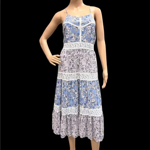 Jessica Simpson | Dresses | Jessica Simpson Juniors Blue Twin Print Tiered  Midi Dress Crochet Trim Sz M | Poshmark